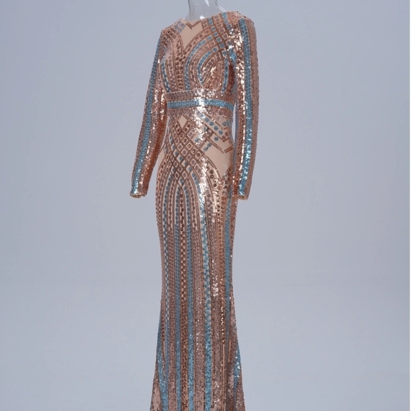 Gold and Blue Bodycon Gown with Plunge Neckline - Picture 12 of 14